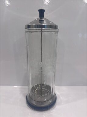 Vintage Barbicide glass barber disinfectant jar w complete stainless lid &basket